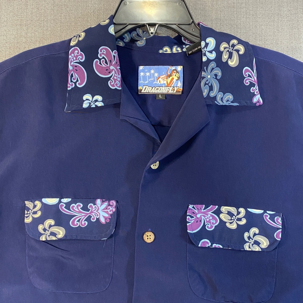 Dragonfly Mens Navy Blue Pin Up Girl Embroidered Bowling Shirt Floral Large - Picture 2 of 9